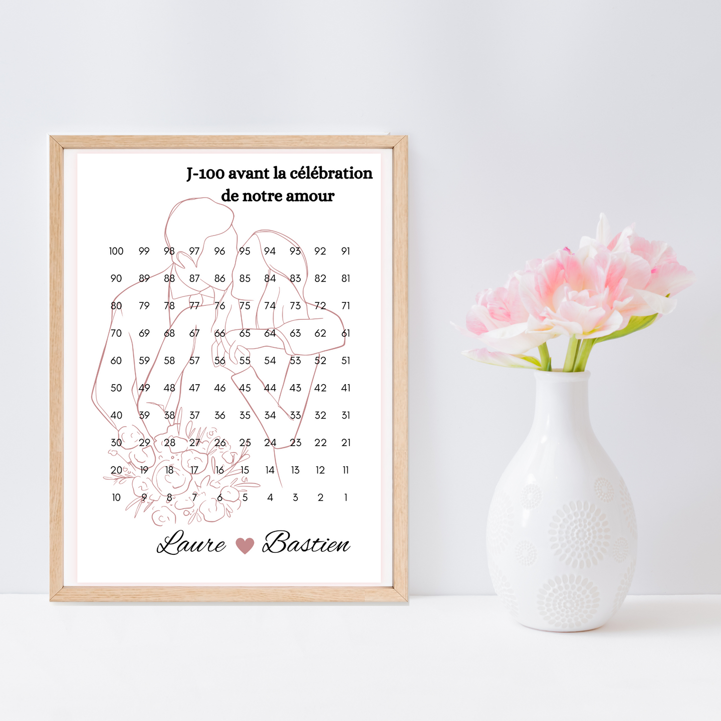 Affiche compte à rebours mariage personnalisable : célébration de notre amour