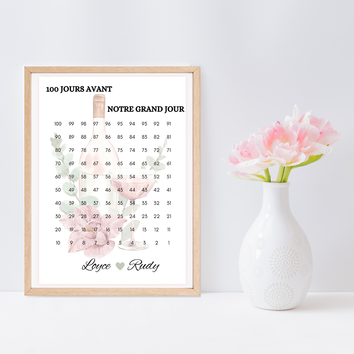 Affiche compte à rebours mariage personnalisable : 100 jours avant notre grand jour