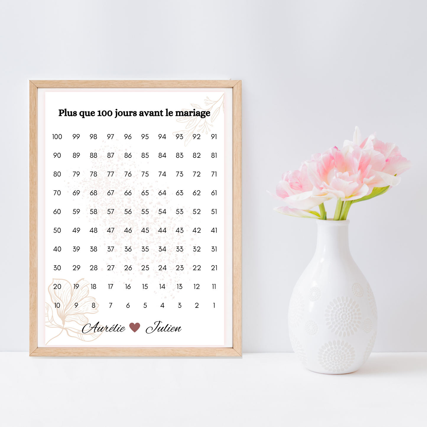 Affiche compte à rebours mariage personnalisable : plus que 100 jours avant le mariage