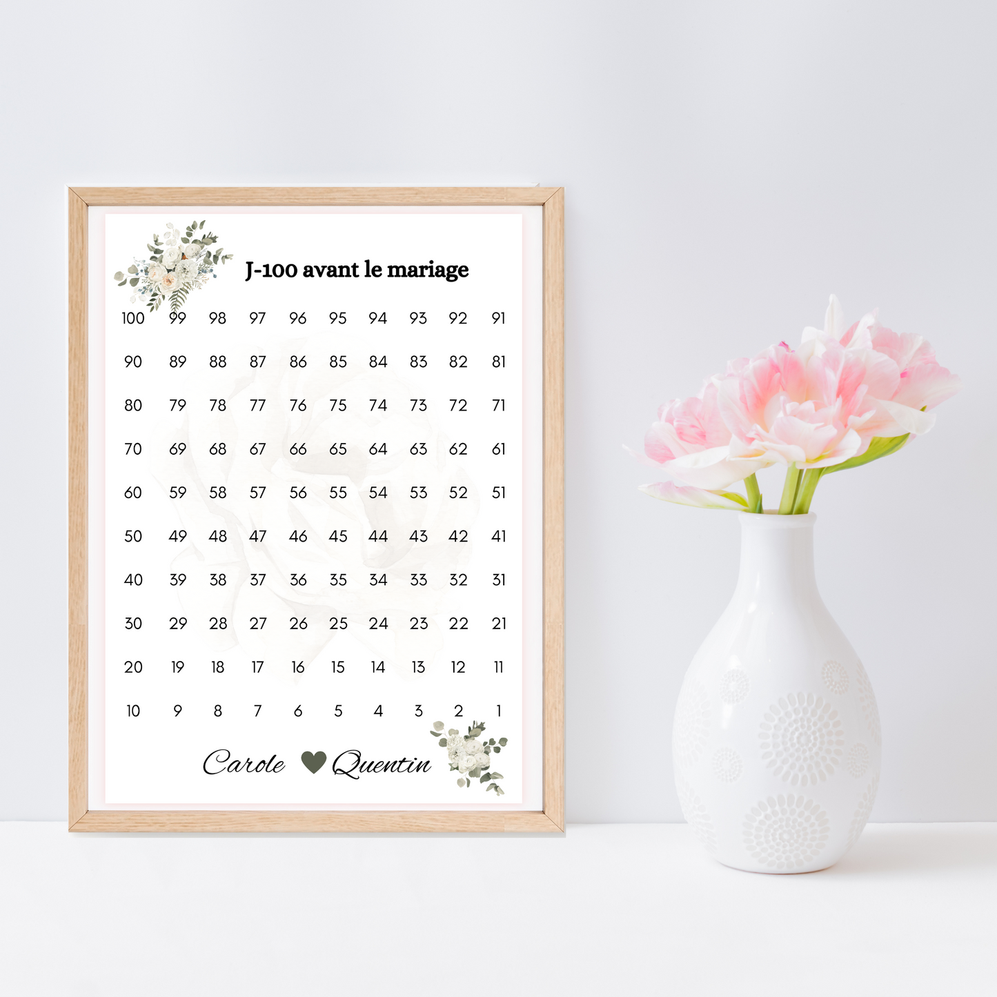Affiche compte à rebours mariage personnalisable : J-100 avant le mariage