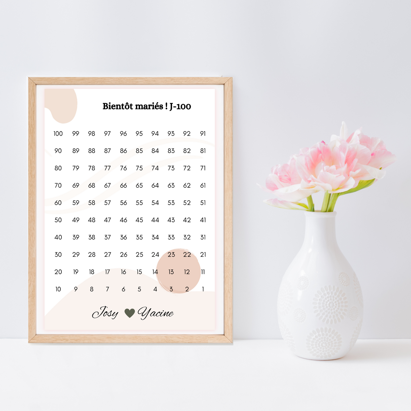 Affiche compte à rebours mariage personnalisable : Bientôt mariés ! J-100