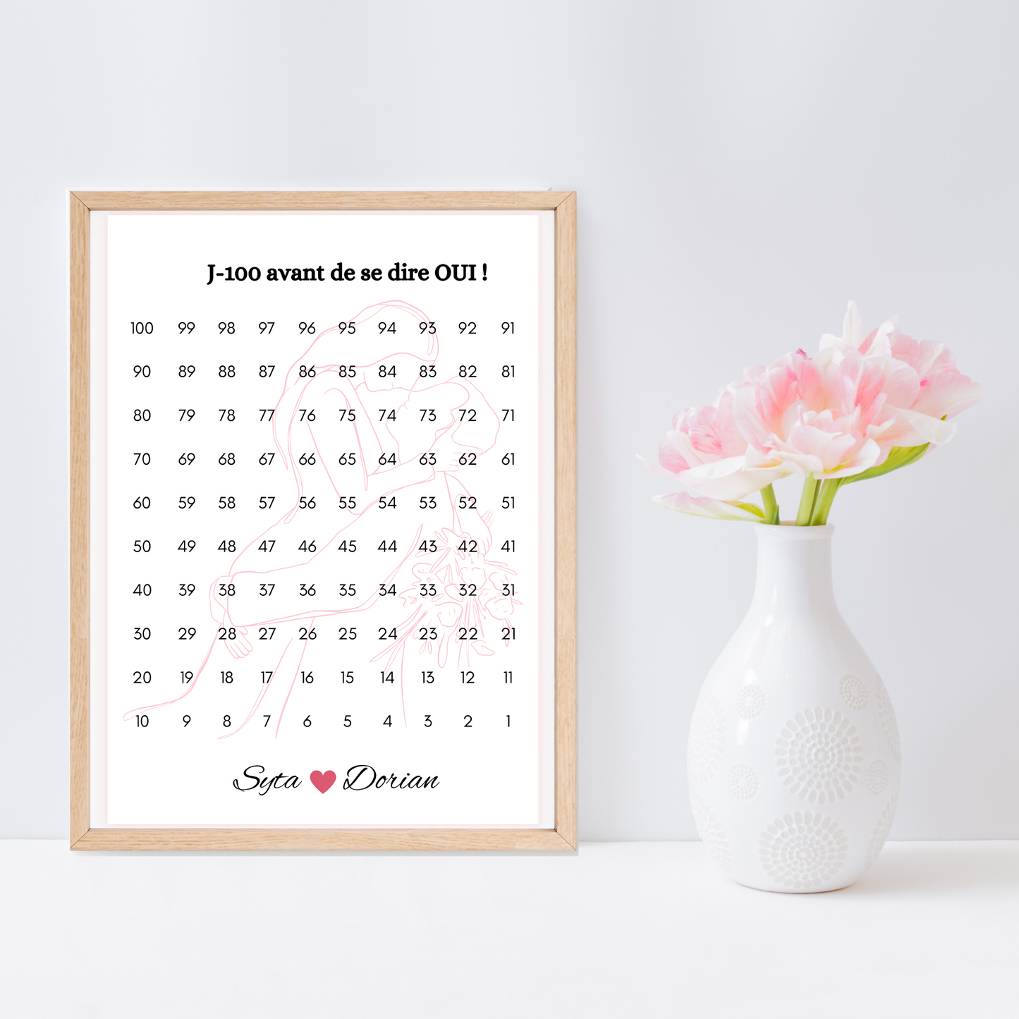 Affiche compte à rebours mariage personnalisable : J-100 avant de se dire oui
