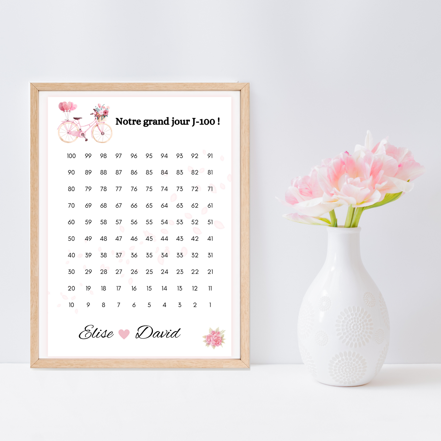 Affiche compte à rebours mariage personnalisable : J-100 notre grand jour