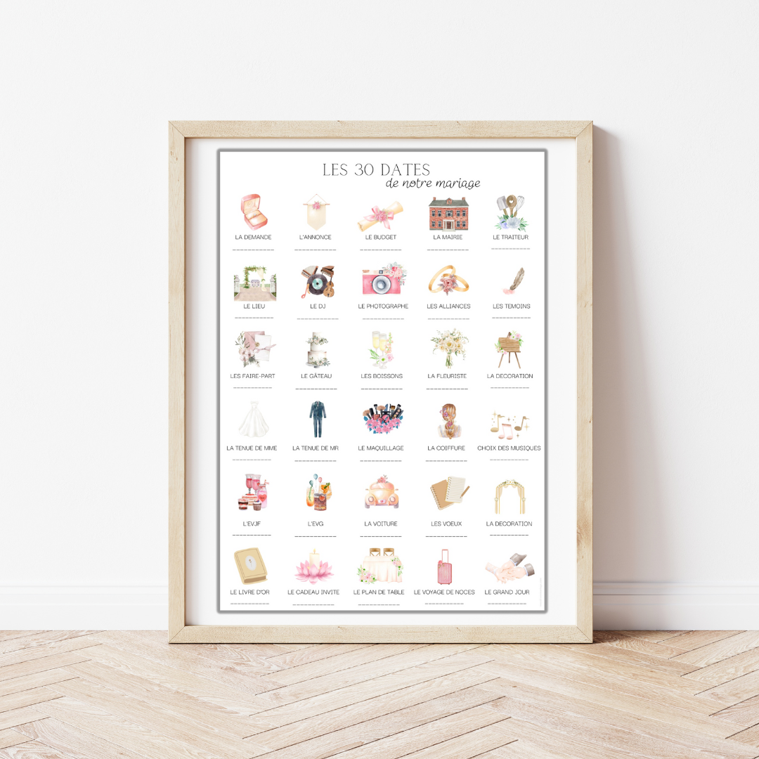 Affiche les 30 dates de notre mariage