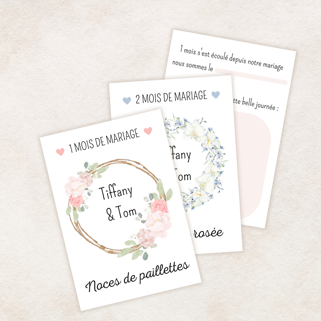 Cartes étapes première année de mariage : fleurs - à imprimer