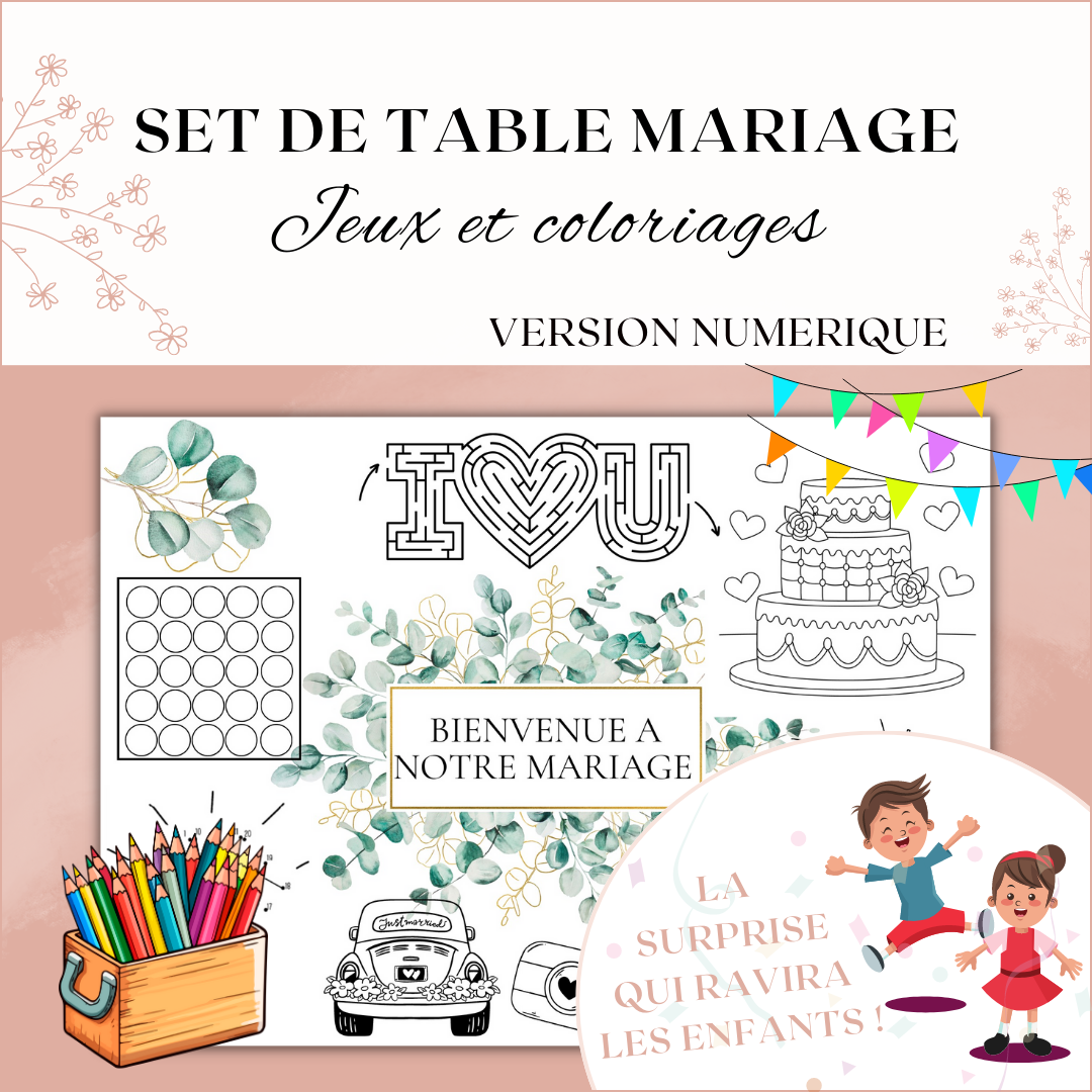 Set de table coloriage enfant mariage à imprimer : eucalyptus