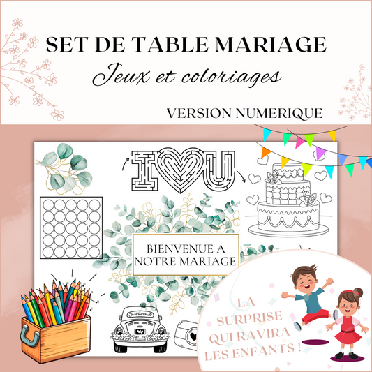 Set de table coloriage enfant mariage à imprimer : eucalyptus