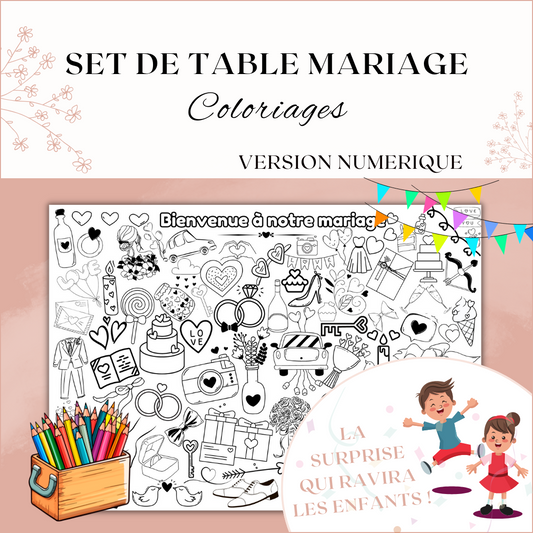 Set de table coloriage enfant mariage à imprimer : noir et blanc