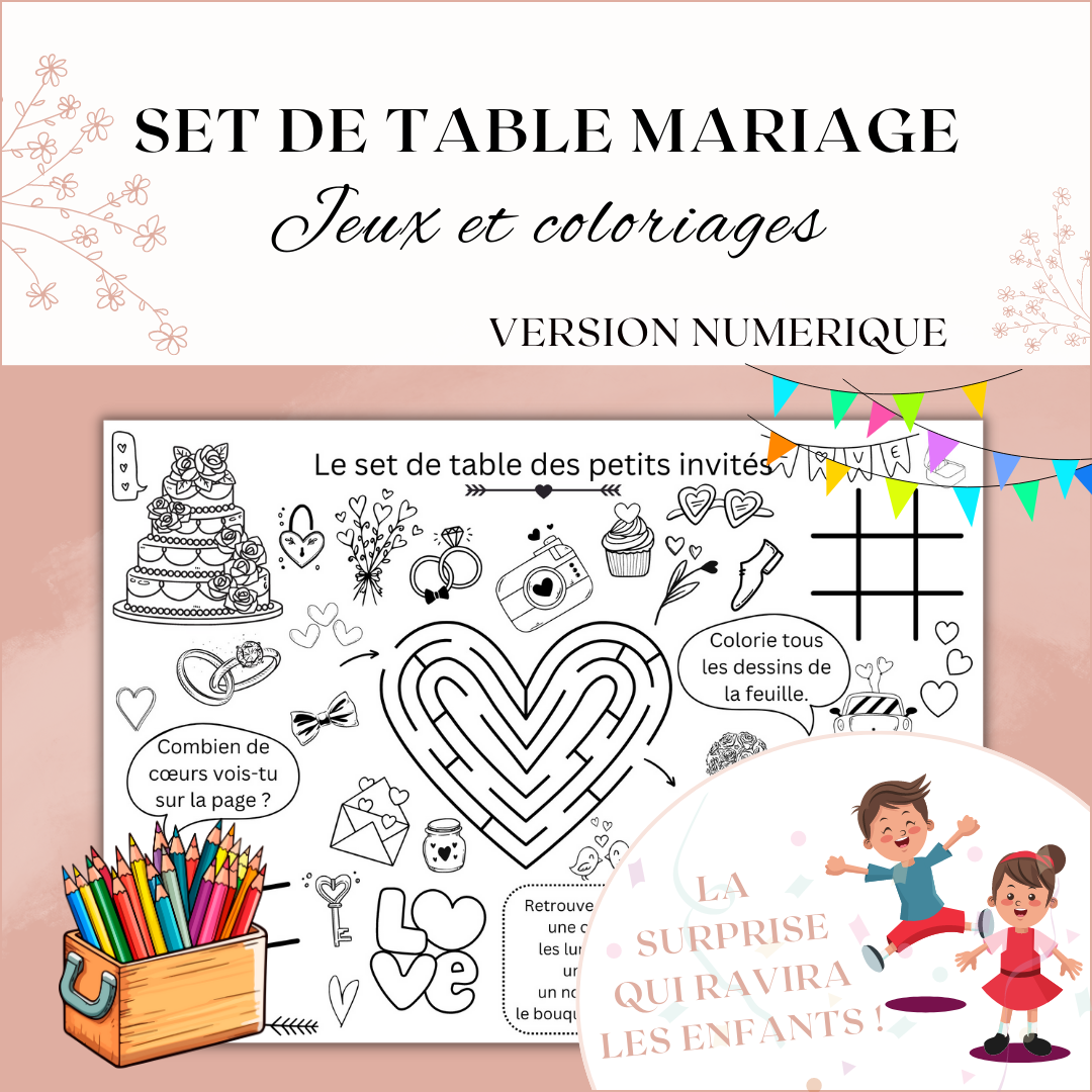 Set de table coloriage enfant mariage à imprimer : cœur