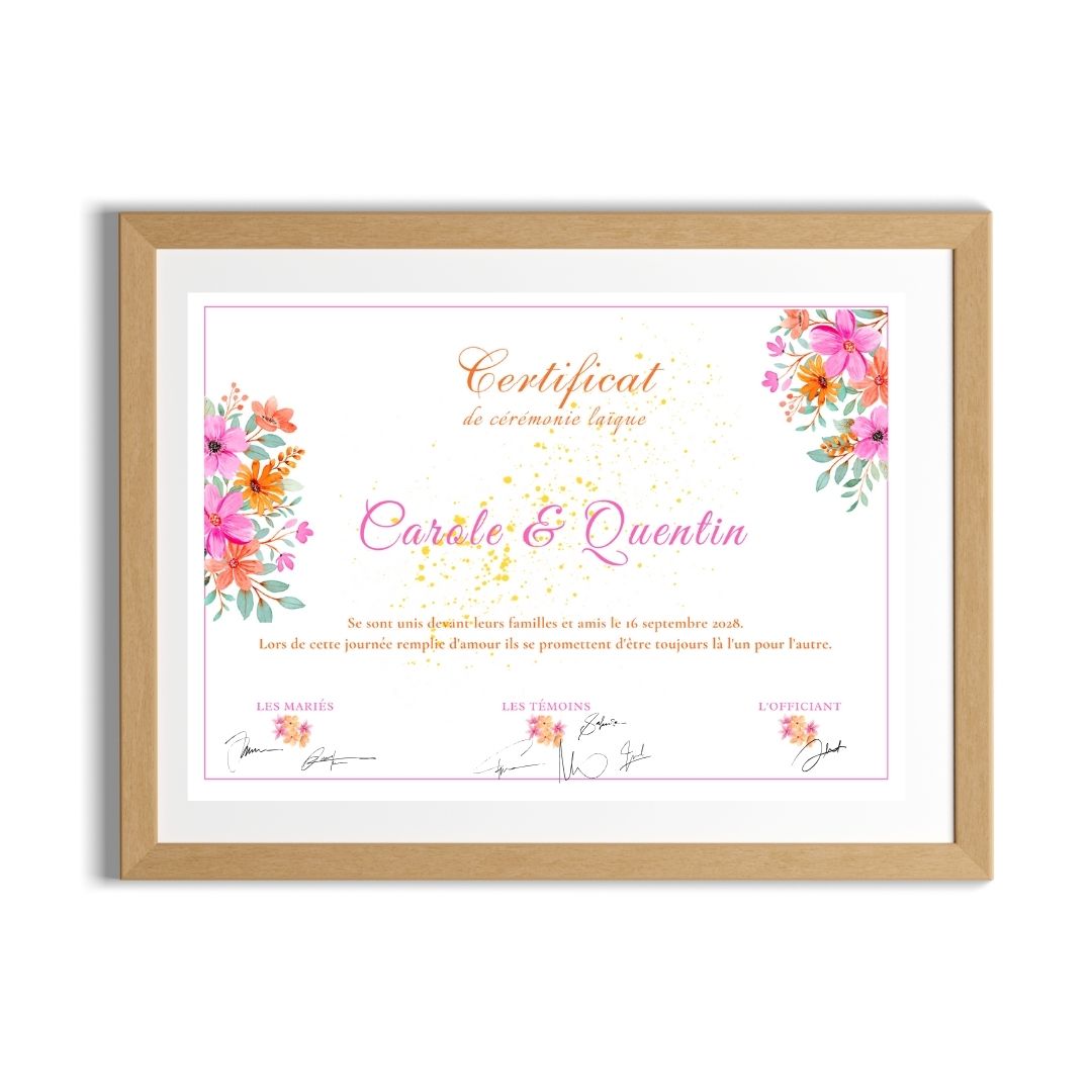 Certificat cérémonie laïque : orange et rose