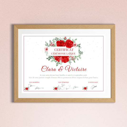 Certificat cérémonie laïque : rose rouge